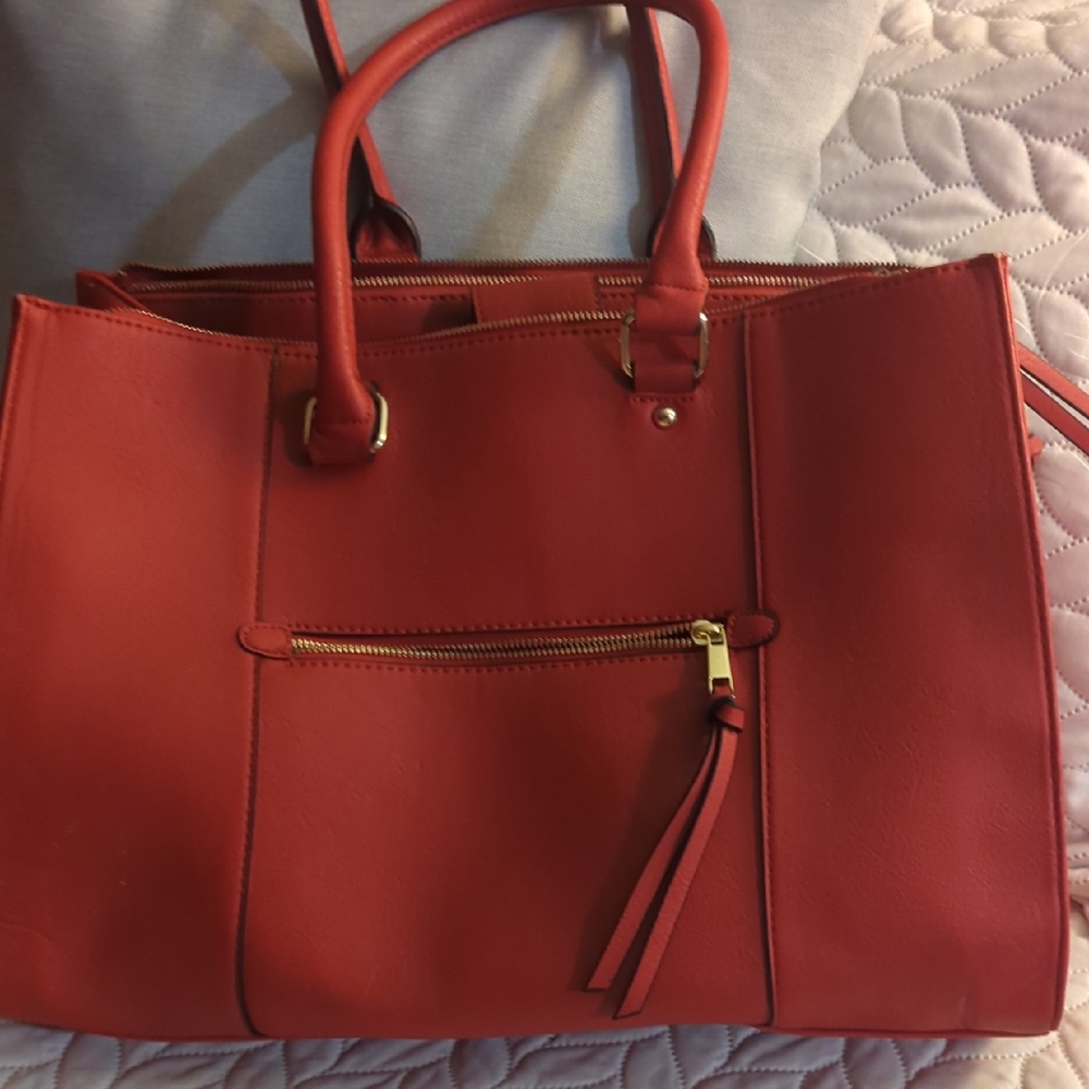 Merona Red Structured Tote with Front Zip Tassel